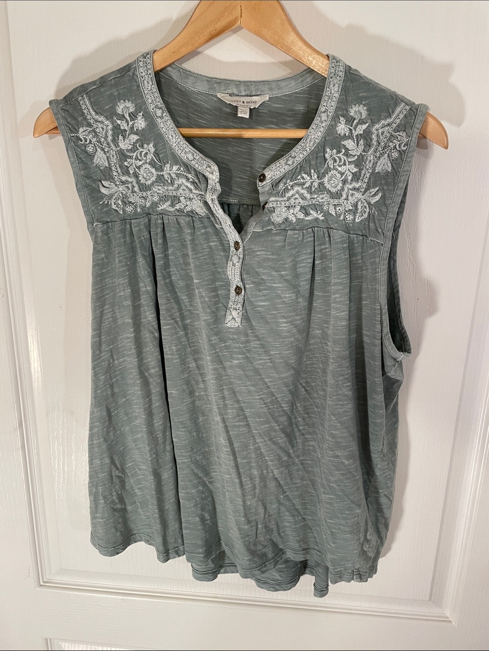 Lucky Brand 100% Cotton Sleeveless Embroidered Henley Tank - Sage